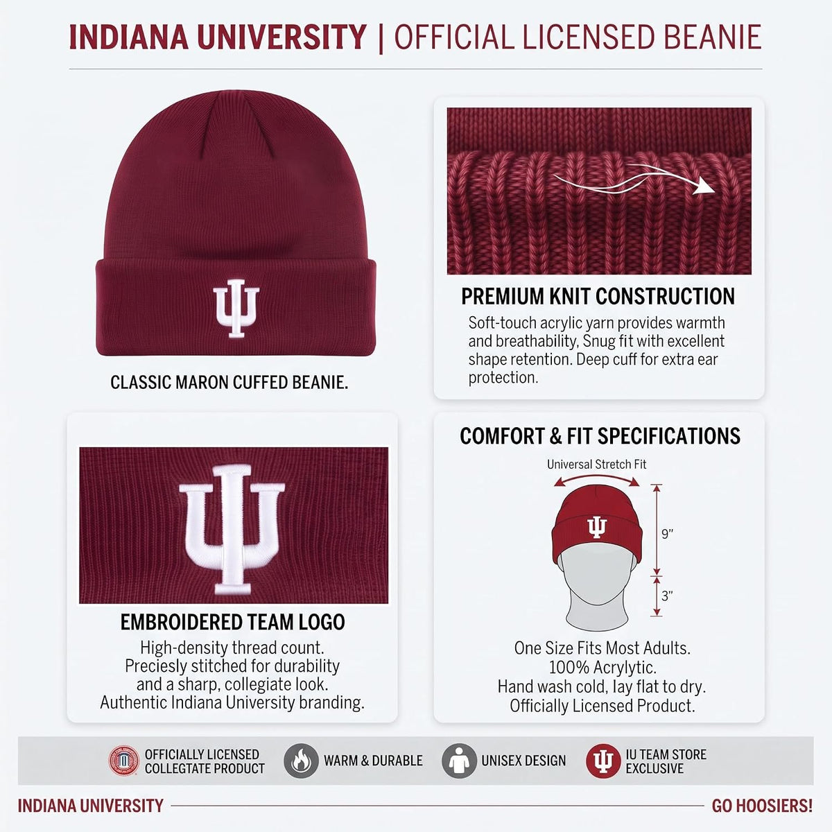Indiana Hoosiers Crimson Cuff Knit Beanie with Embroidered White IU Logo
