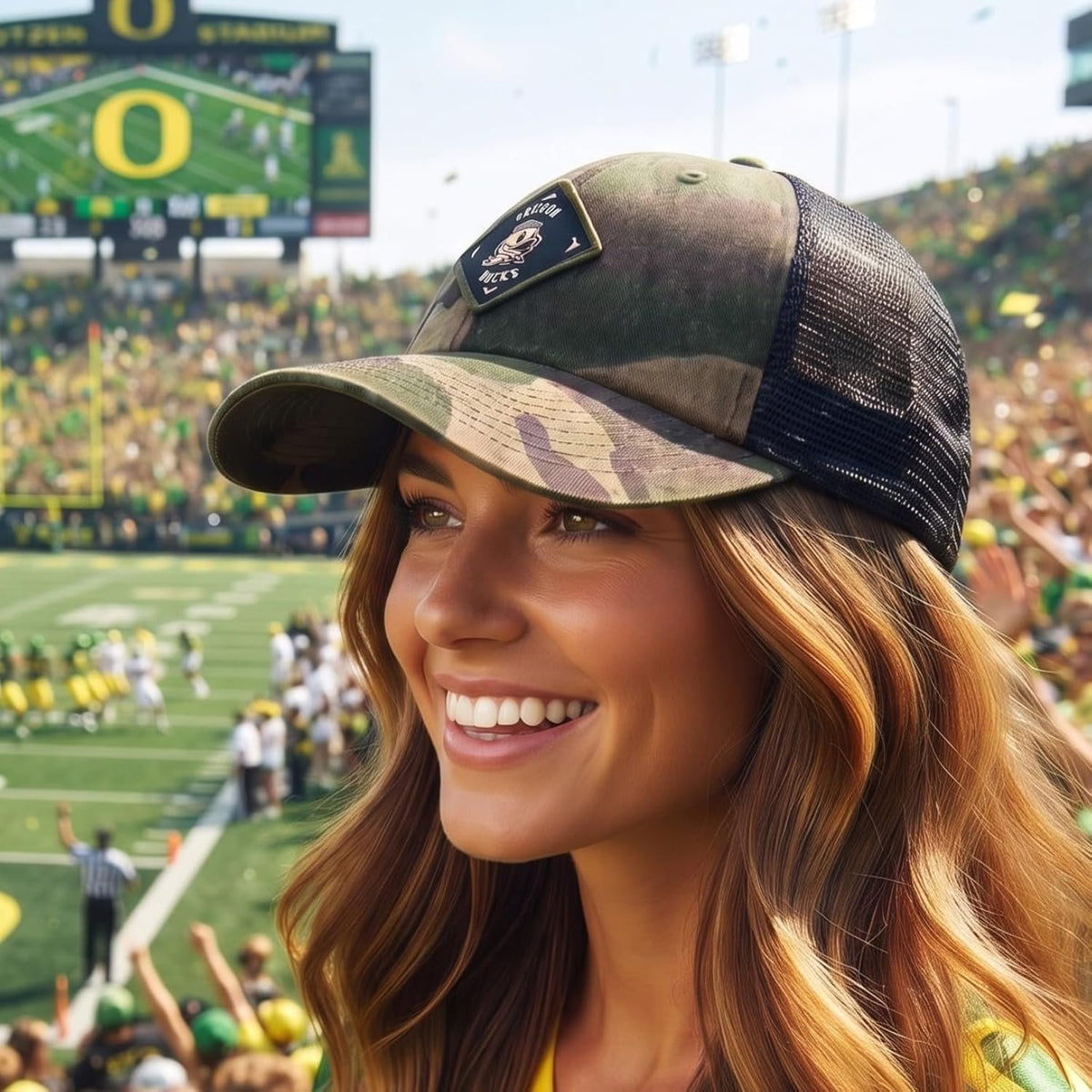 Oregon Ducks Camo Mesh Trucker Hat with Embroidered Patch Logo, Unisex Cap