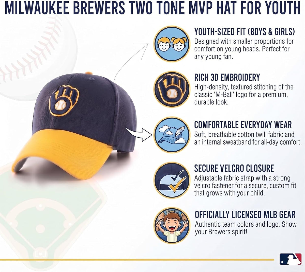 Milwaukee Brewers Two Tone MVP Hat Baseball Cap Navy Gold for Boys & Girls