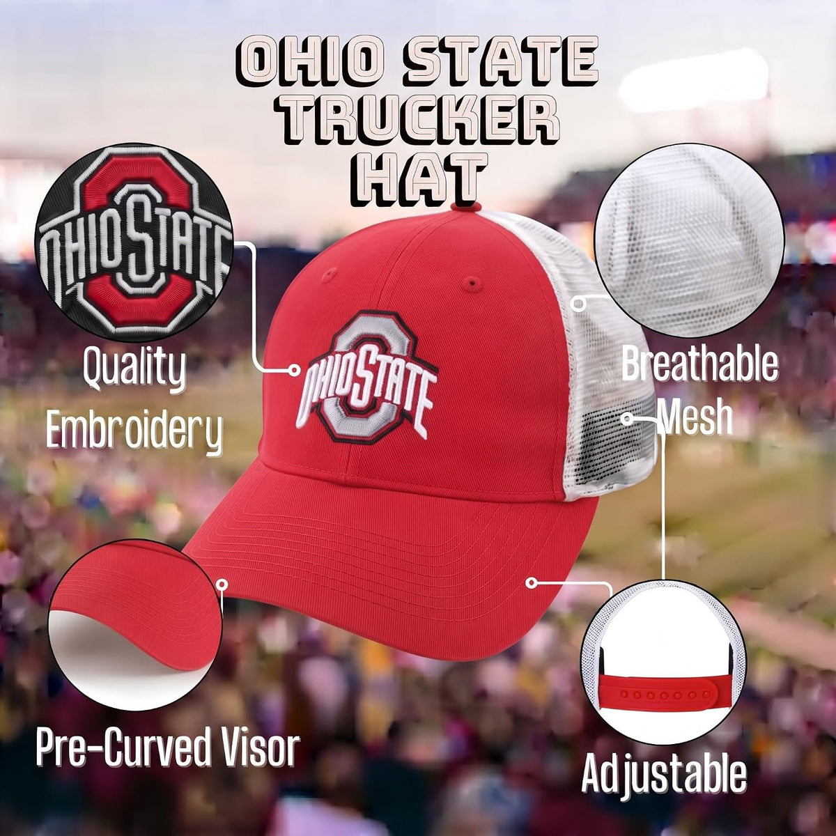 Ohio State Buckeyes Red & White Trucker Hat Embroidered Unisex Mesh Cap