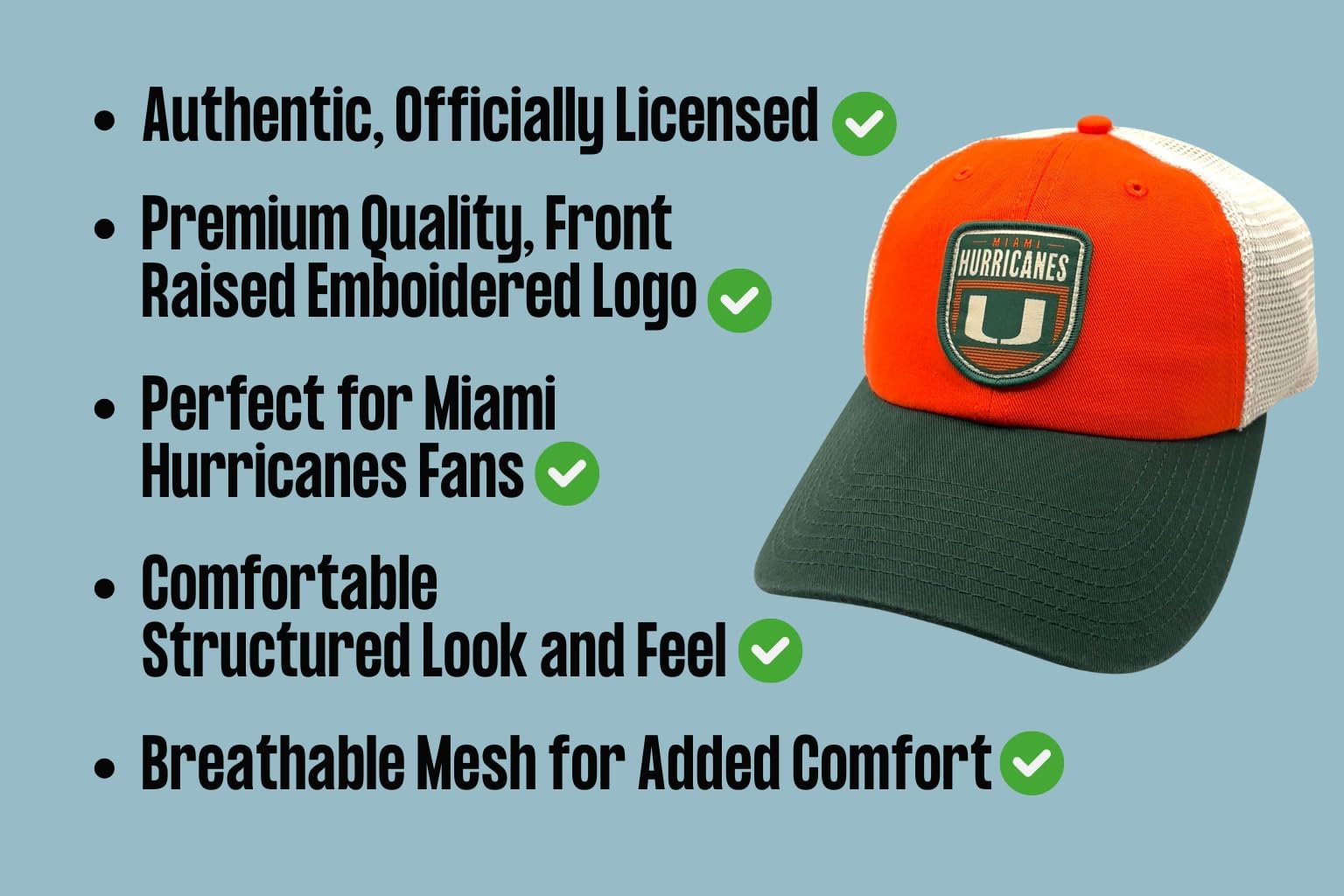 Officially Licensed University of Miami Hurricanes Hat Classic Relaxed Fit Hurricanes Team Logo Adjustable Mesh Trucker Snapback Baseball Sports Cap