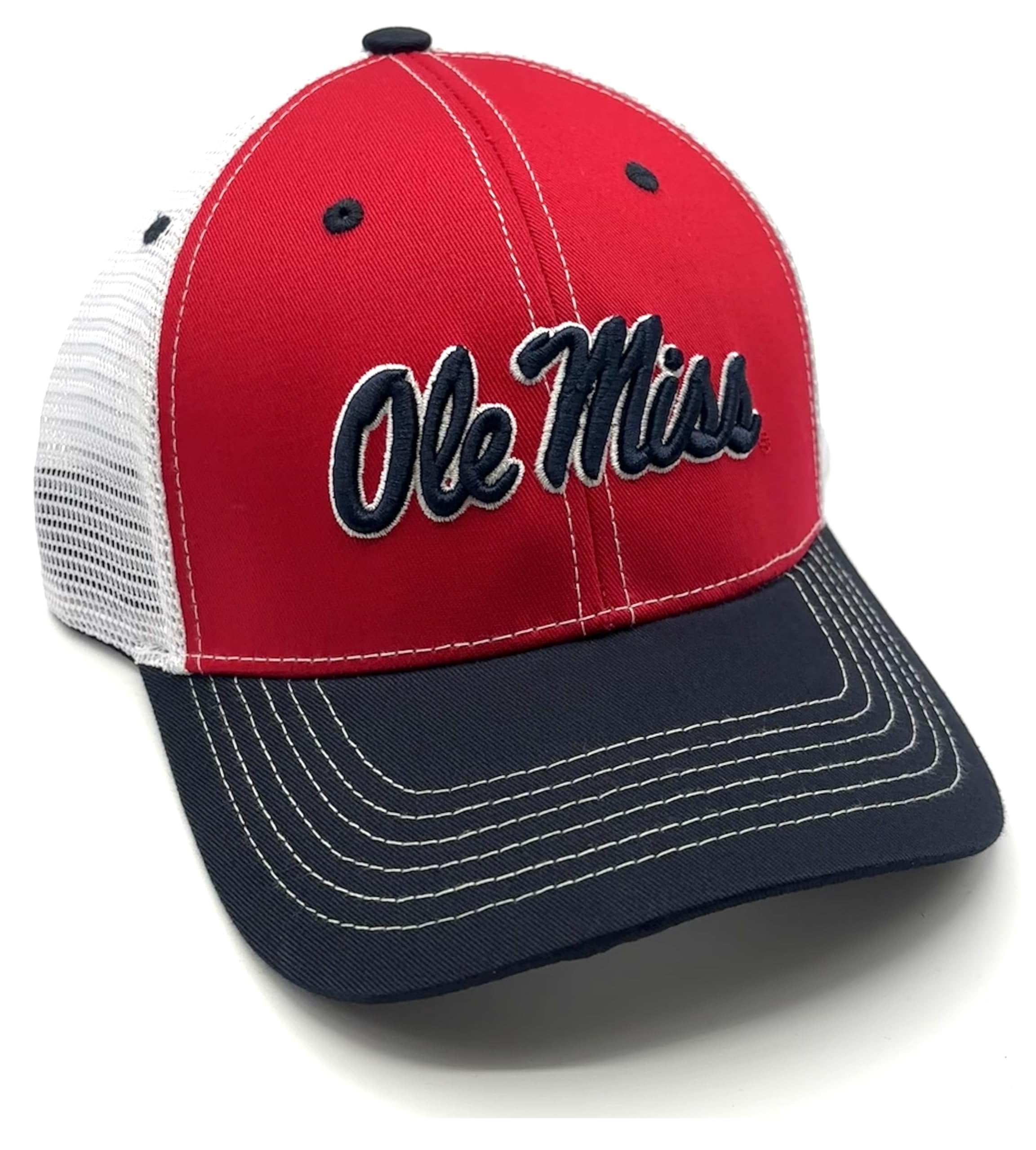 Officially Licensed Ole Miss Mesh Trucker Hat Classic Adjustable Embroidered Team Logo University Cap (Navy Blue)