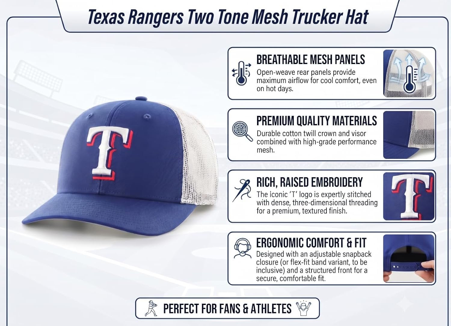 Texas Rangers Two-Tone Blue/White Mesh Trucker Hat Adjustable Embroidered Structured Sports Cap
