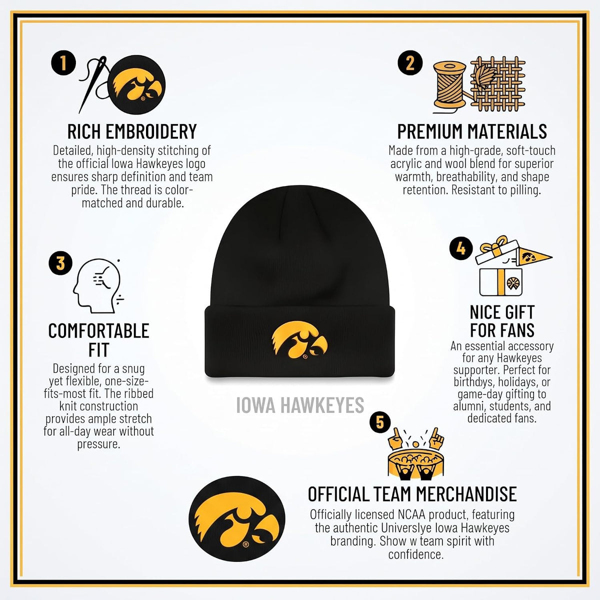 Iowa Hawkeyes Black Cuff Knit Beanie Embroidered Gold Logo Unisex Cap