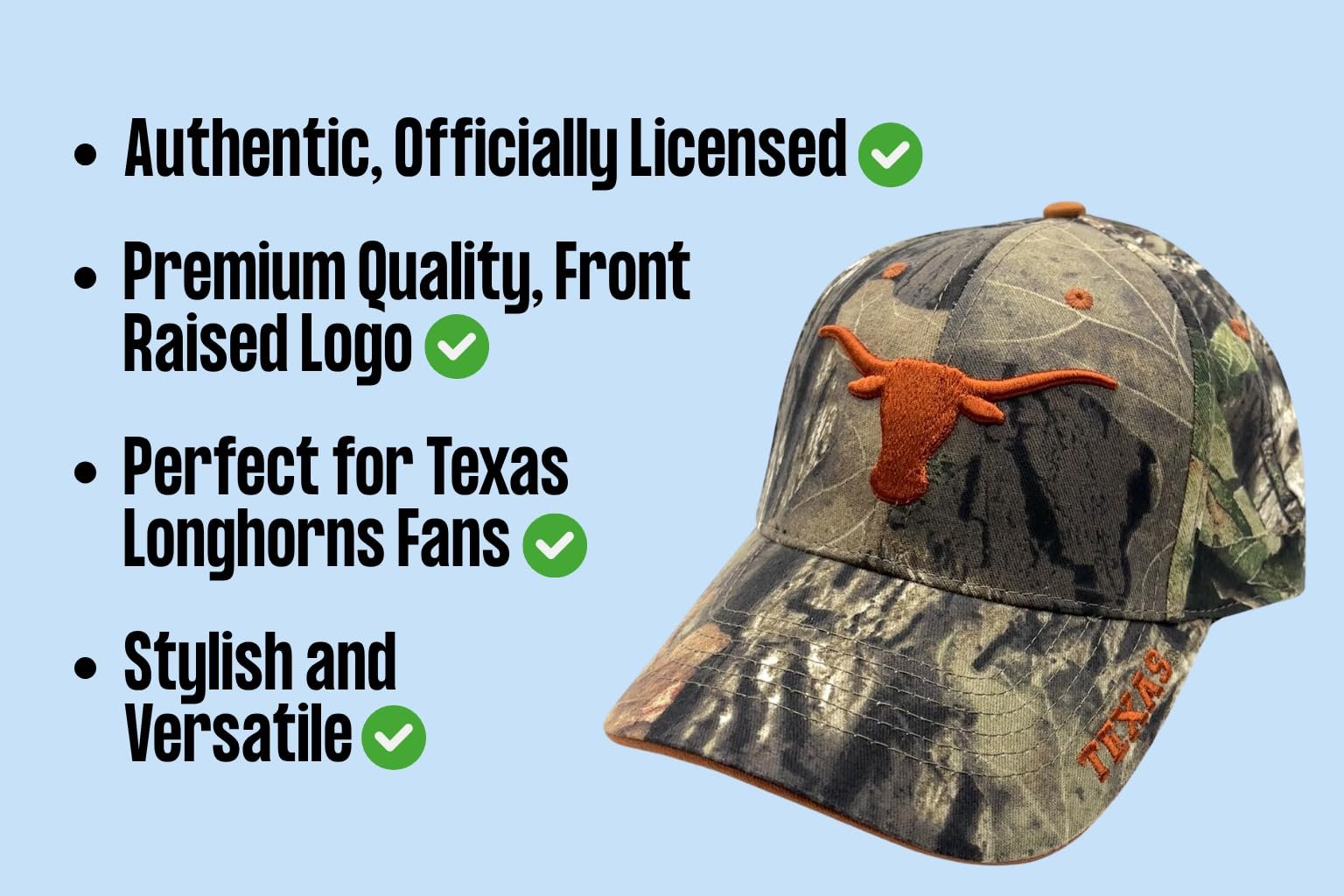 Officially Licensed Texas University Longhorns Camouflage Hat Classic Adjustable Team Logo Embroidered Cap (Camouflage)