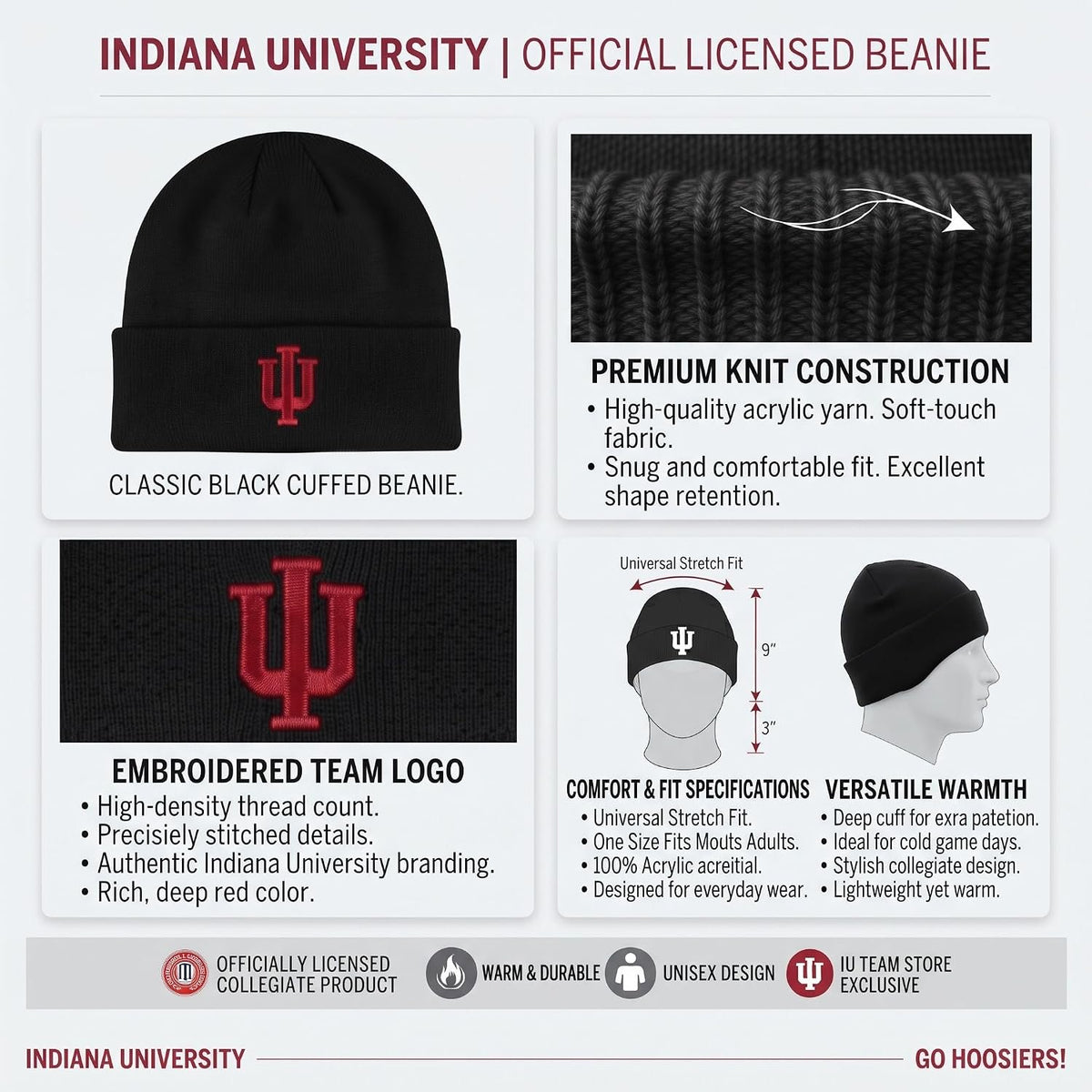 Indiana Hoosiers Black Cuff Knit Beanie Embroidered Crimson Logo Unisex