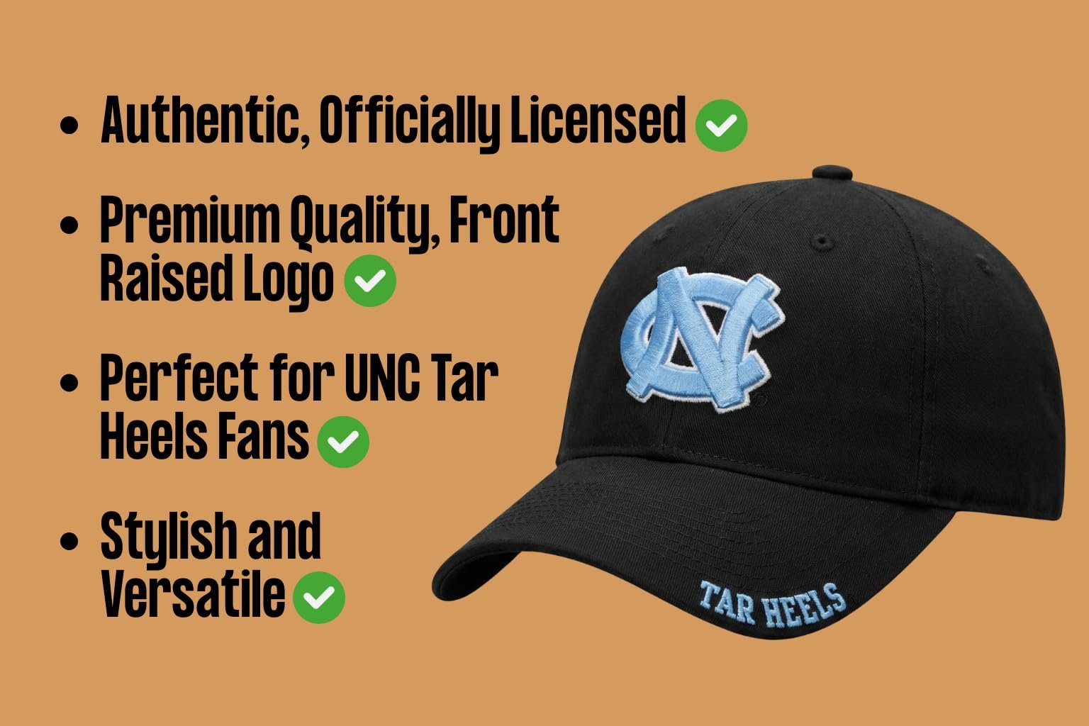 Officially Licensed UNC Black Baseball Hat Classic Tar Heels Primary Team Logo Adjustable Embroidered University North Carolina Sports Cap