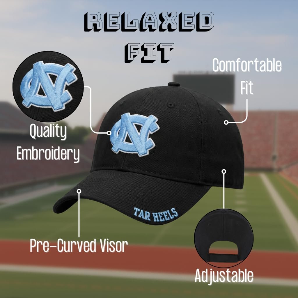 Officially Licensed UNC Black Baseball Hat Classic Tar Heels Primary Team Logo Adjustable Embroidered University North Carolina Sports Cap