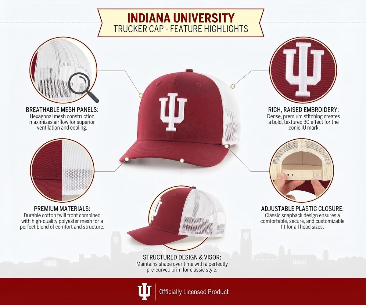 Indiana University Red White Mesh Trucker Hat Iconic IU Logo in Front