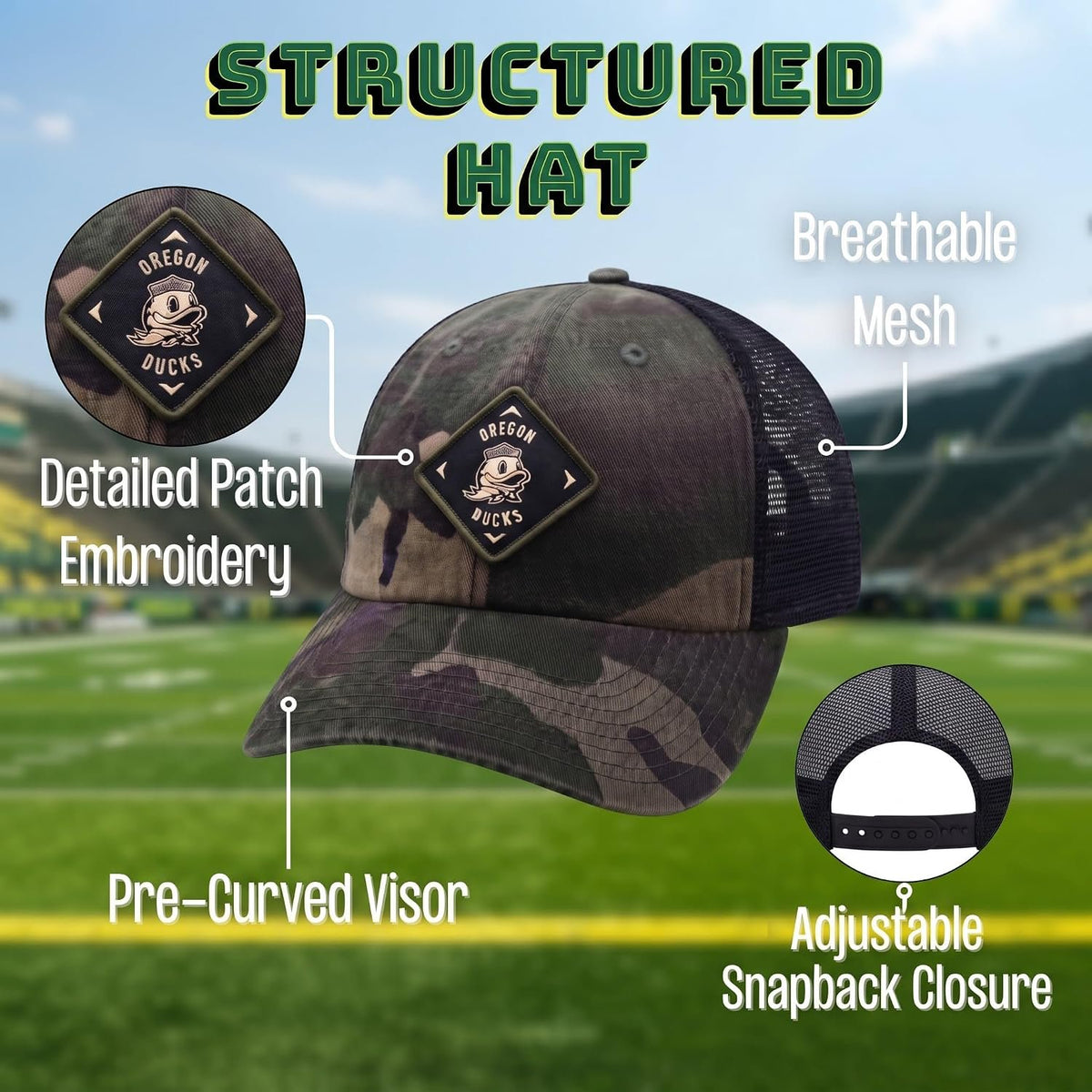 Oregon Ducks Camo Mesh Trucker Hat with Embroidered Patch Logo, Unisex Cap