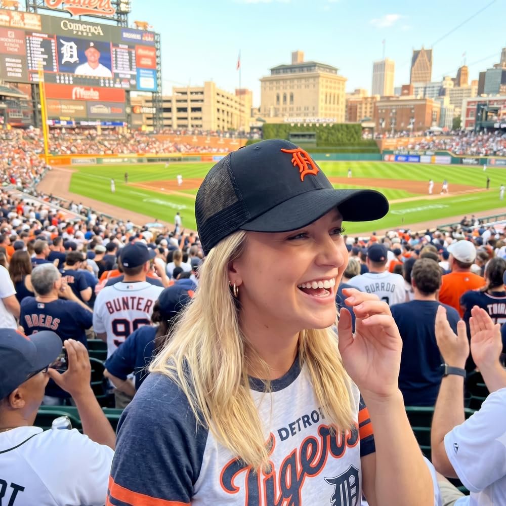 Detroit Tigers Black Mesh Trucker Hat with Embroidered Orange D Logo Adjustable Structured Sports Cap