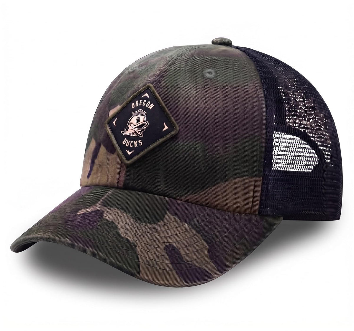 Oregon Ducks Camo Mesh Trucker Hat with Embroidered Patch Logo, Unisex Cap