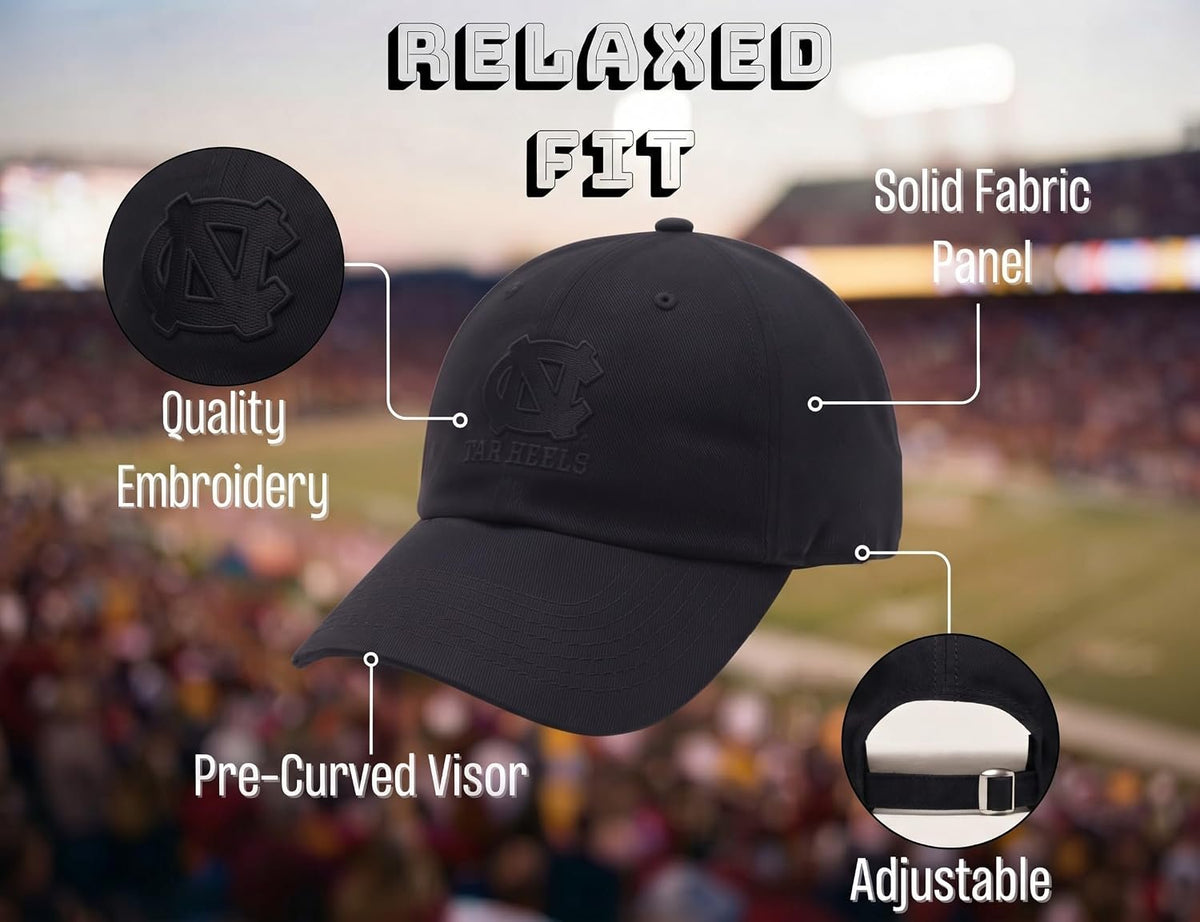 North Carolina Relaxed Fit All Black Hat UNC Tar Heels Embroidery Logo Cap