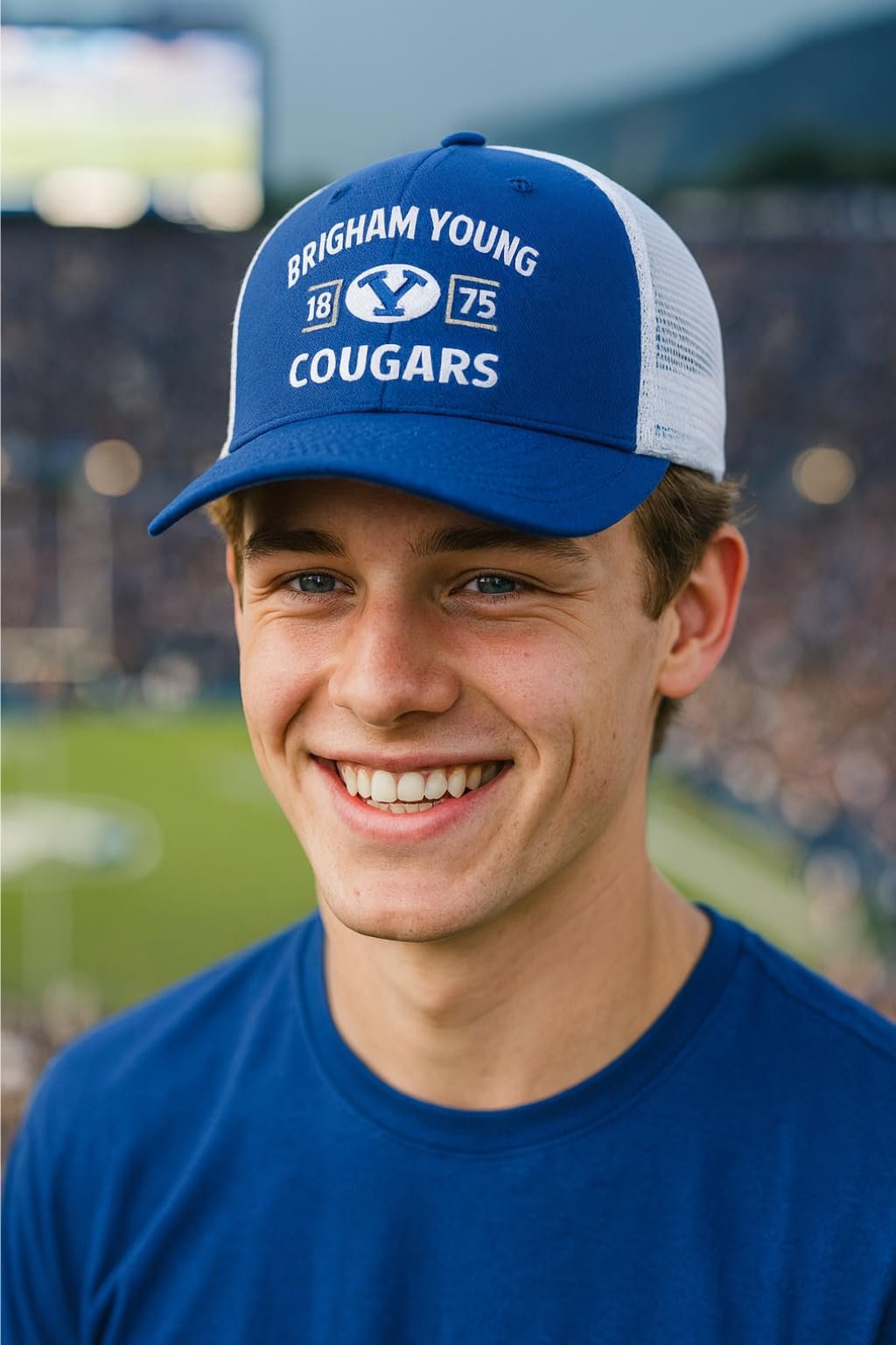 Officially Licensed BYU Cougars Classic Edition Mesh Trucker Hat White/Blue Adjustable Primary Team Logo Embroidered Structured Snapback Baseball Sports Cap