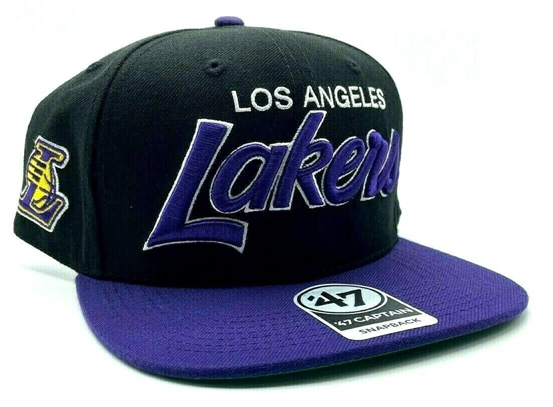 Los Angeles Lakers 2-Tone Script Sure Shot Captain Adjustable Snapback Cap - NBA, Flat Bill Baseball Hat Black