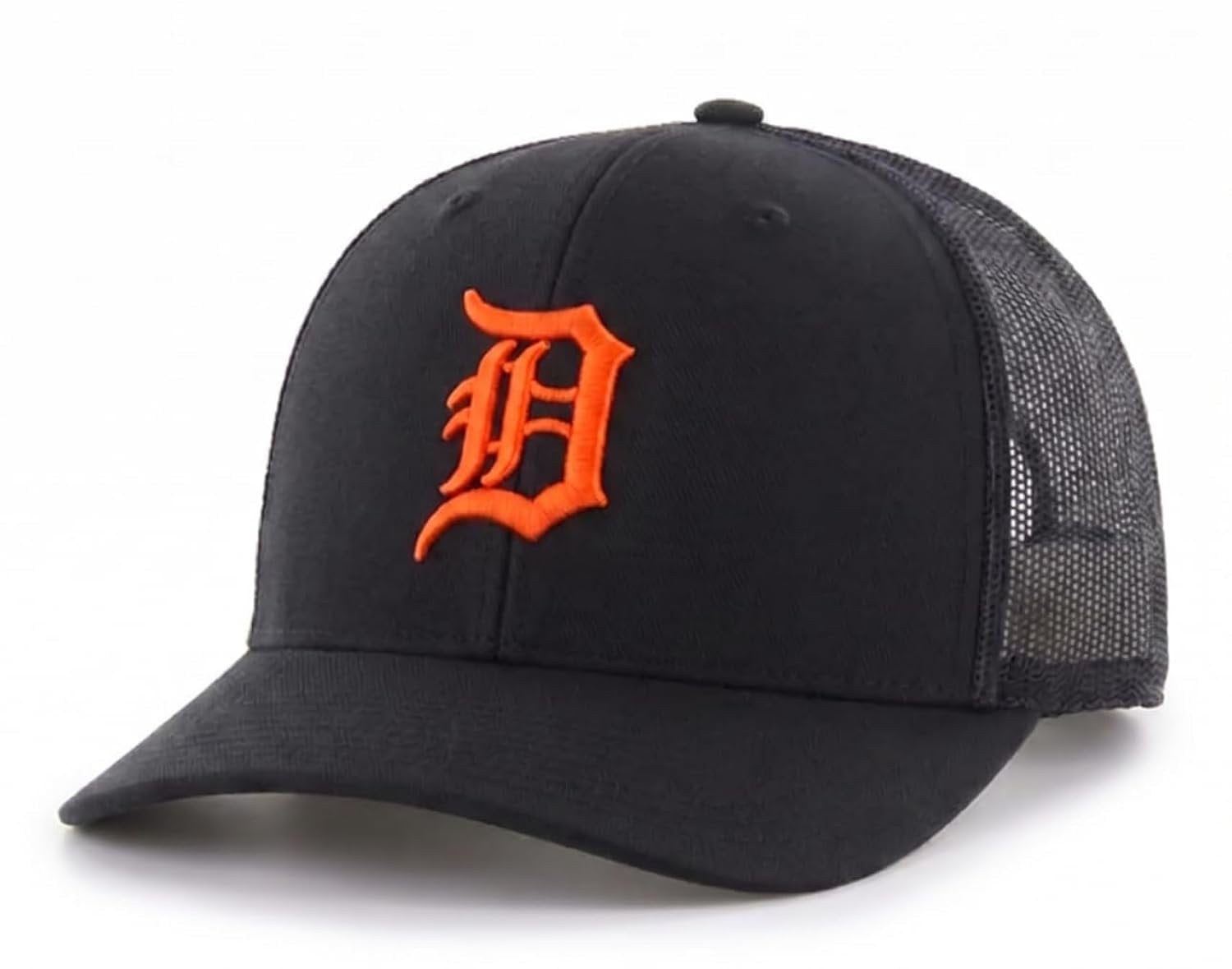 Detroit Tigers Black Mesh Trucker Hat with Embroidered Orange D Logo Adjustable Structured Sports Cap