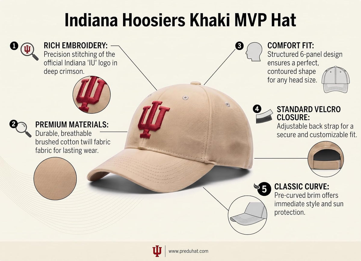 Indiana University Hoosiers Khaki MVP Hat with Distintive Crimson 'IU' Logo