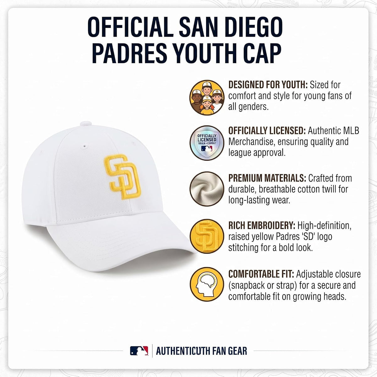 San Diego Padres Youth MVP Hat White with Gold 'SD' Embroidered Logo Cap