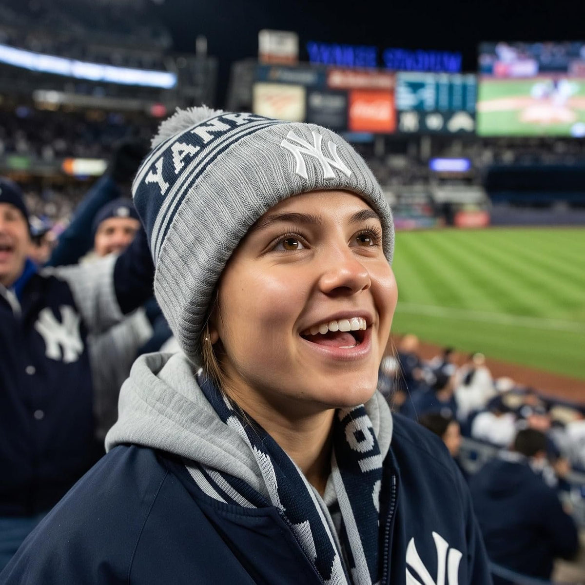 New York Yankees Navy & Gray Cuff Knit Pom Beanie, Iconic NY logo in front