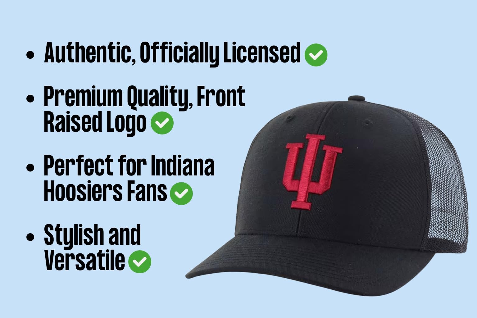 Officially Licensed University Indiana Mesh Trucker Hat Classic Primary Home Team Logo Adjustable Structured Embroidered Black Snapback Baseball Sports Ball Cap