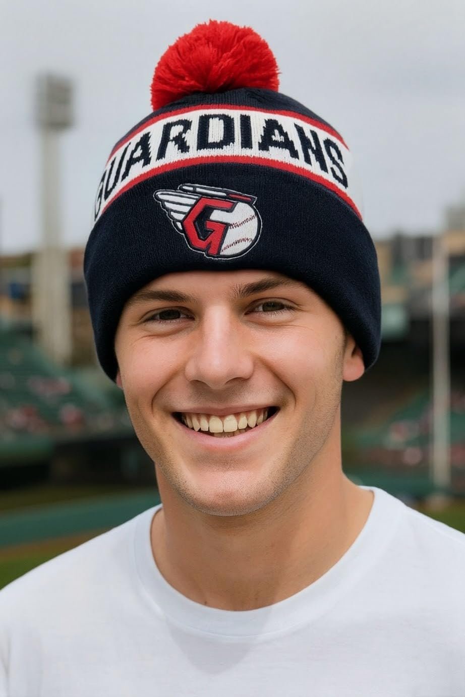 Officially Licensed Cleveland Guardians Baseball Cuffed Knit Pom Beanie Hat Classic Edition Primary Home Team Logo Navy Blue Winter Sports Embroidered Ball Cap