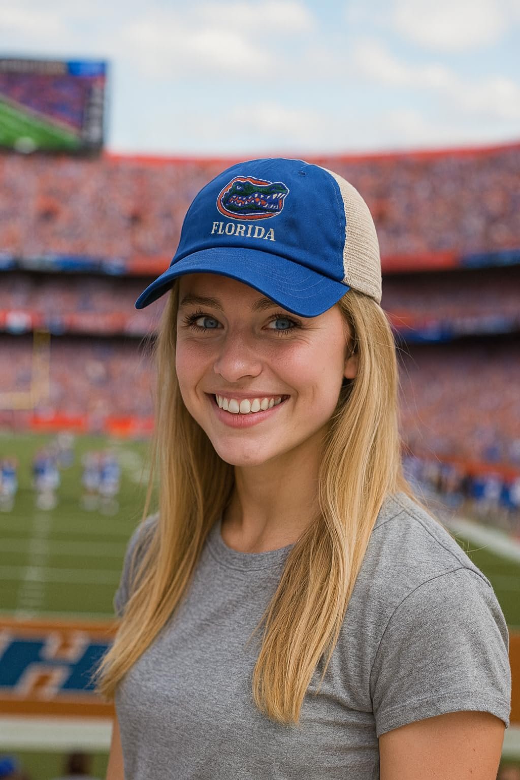 Officially Licensed University Florida Gators Mesh Trucker Hat Classic Blue/Khaki Embroidered Gators Team Logo Adjustable Snapback Sports Baseball Cap