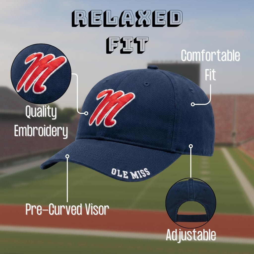 Officially Licensed Ole Miss Classic Edition Hat Adjustable Rebels Embroidered Team Logo Navy Blue Cap