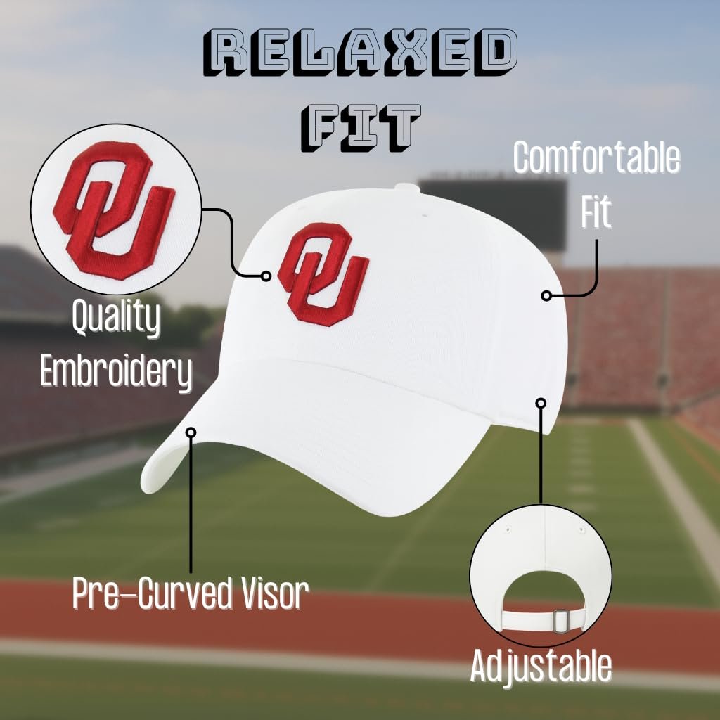 Officially Licensed Oklahoma University Sooners White/Crimson Clean Up Hat Classic Relaxed Fit Adjustable Embroidered Team Logo Sports Cap