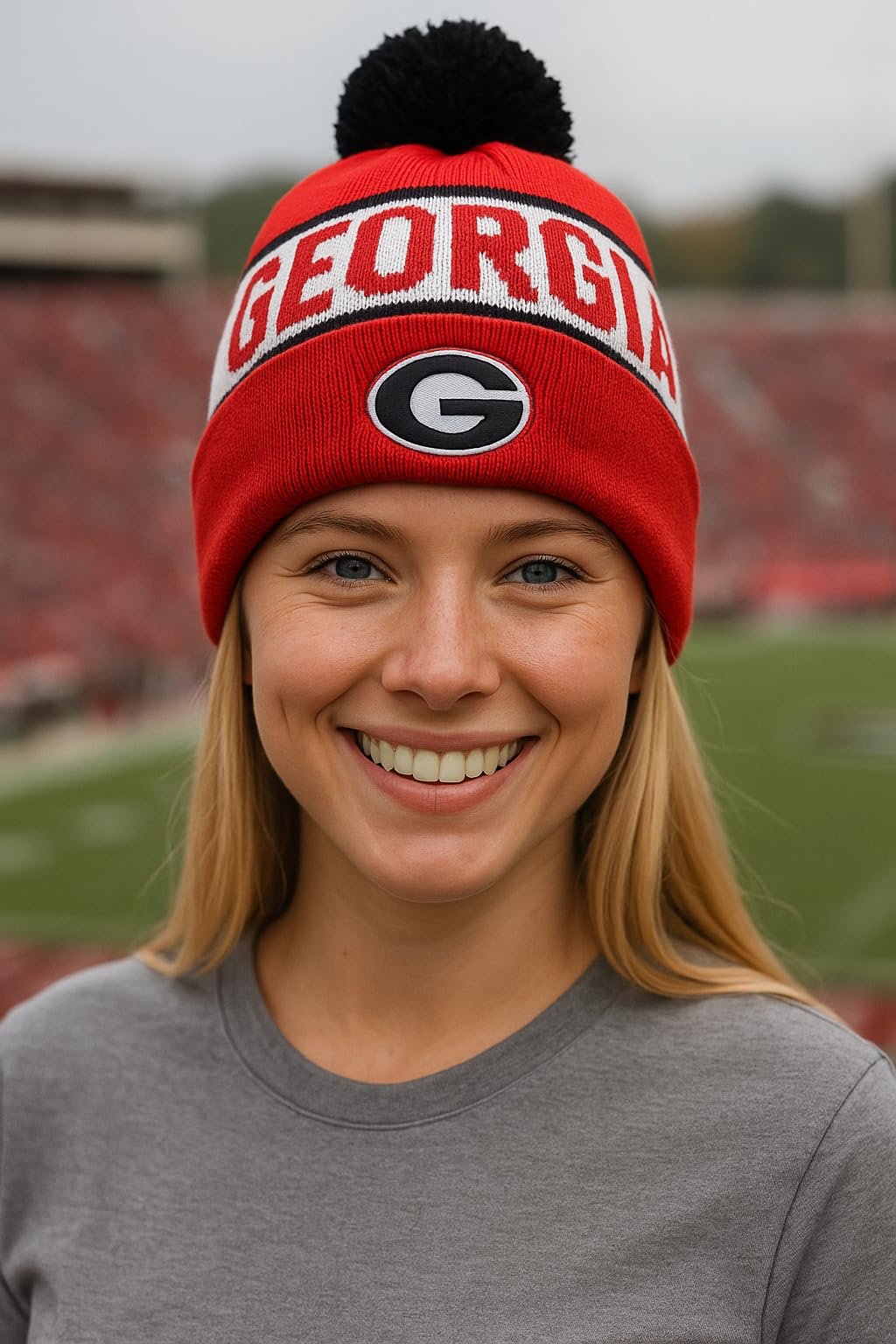 Officially Licensed Georgia Bulldogs Cuffed Knit Pom Beanie Hat Classic Edition Bulldogs Primary Home Team Logo Embroidered Winter Sports Ball Cap Multicolor