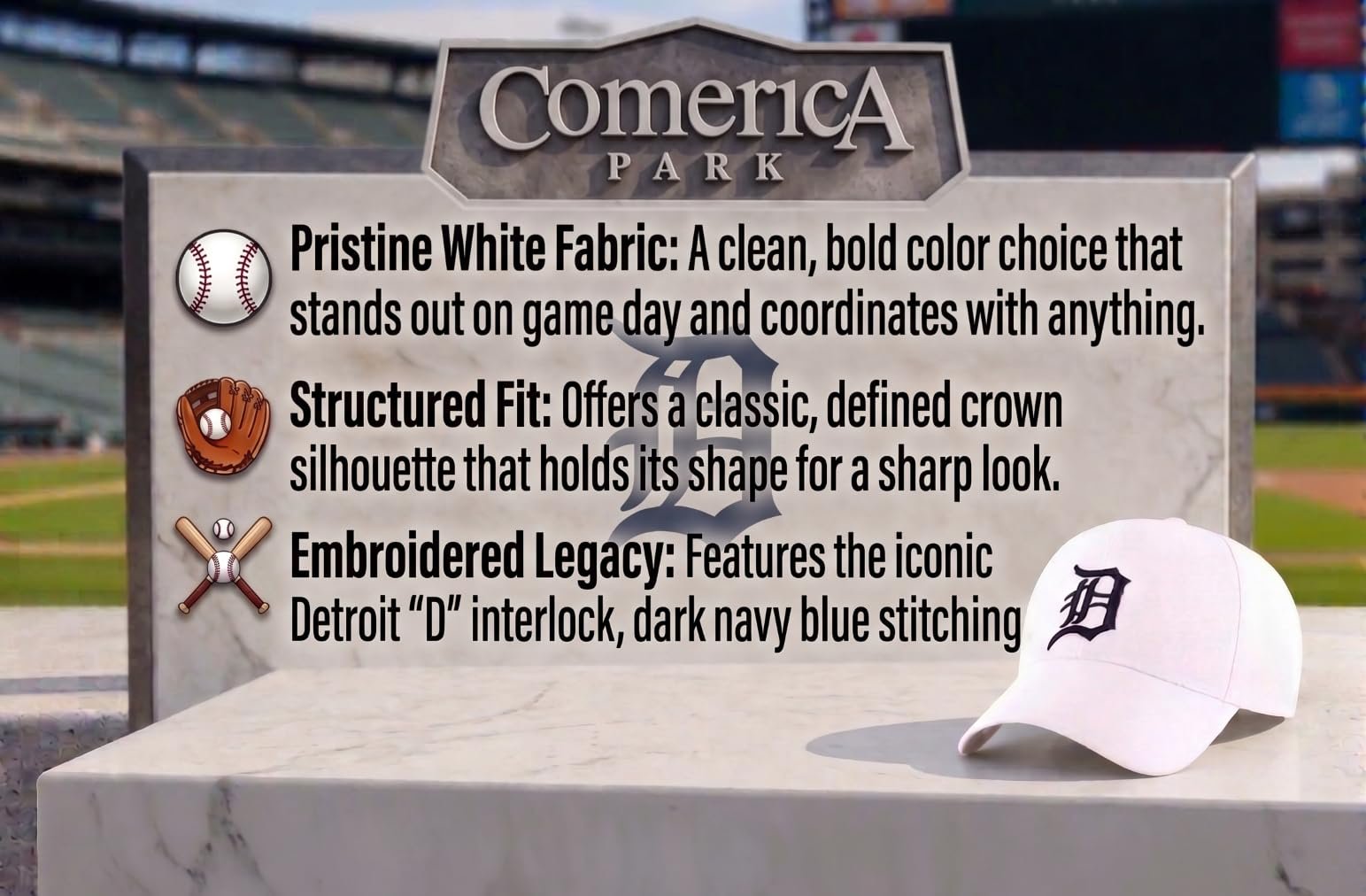 Officially Licensed Detroit Tigers White MVP Hat Classic Embroidered Iconic Navy D Logo Adjustable Cap