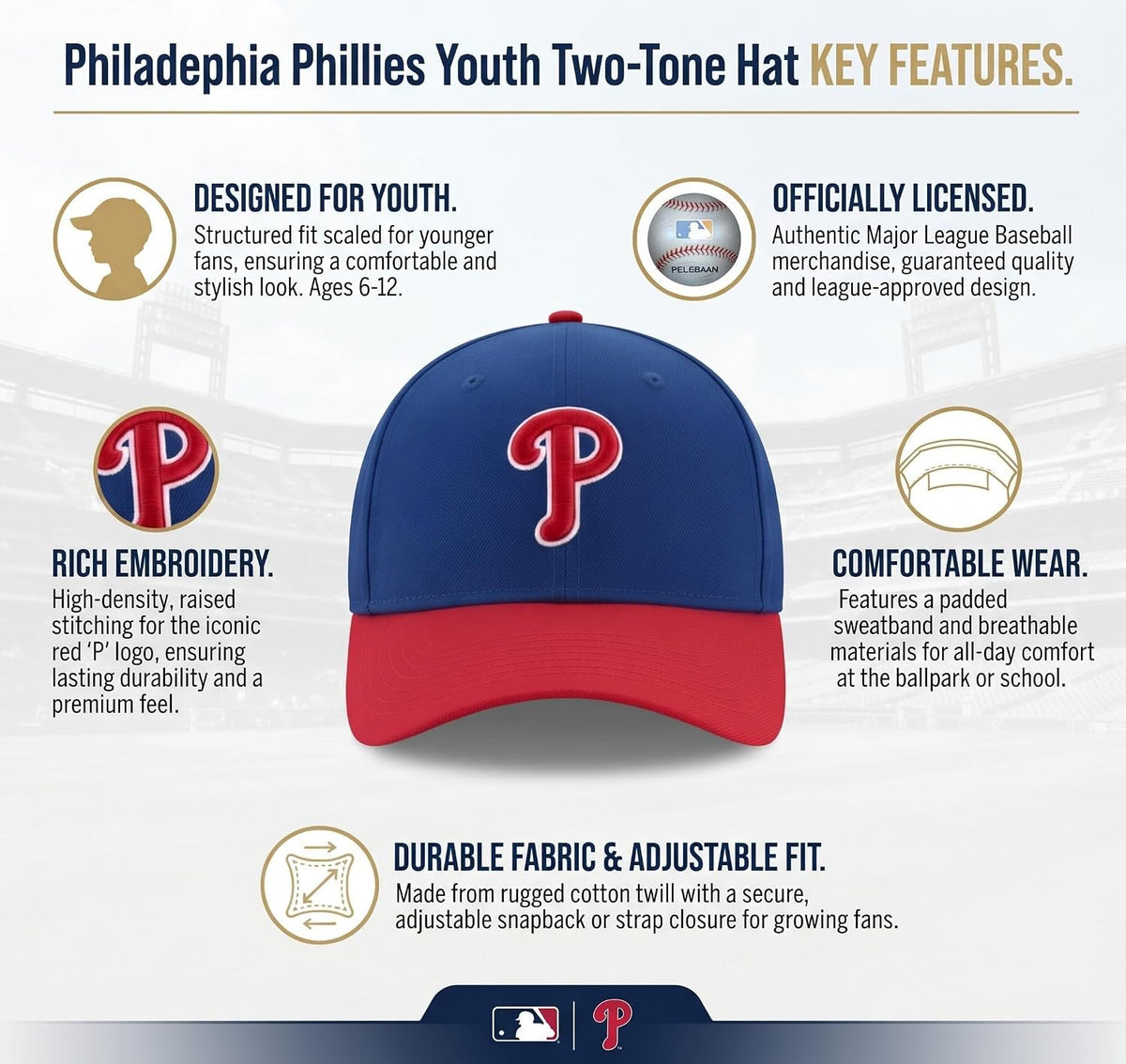 Philadelphia Phillies Youth Two-Tone MVP Hat with Red 'P Logo Cap, Unisex