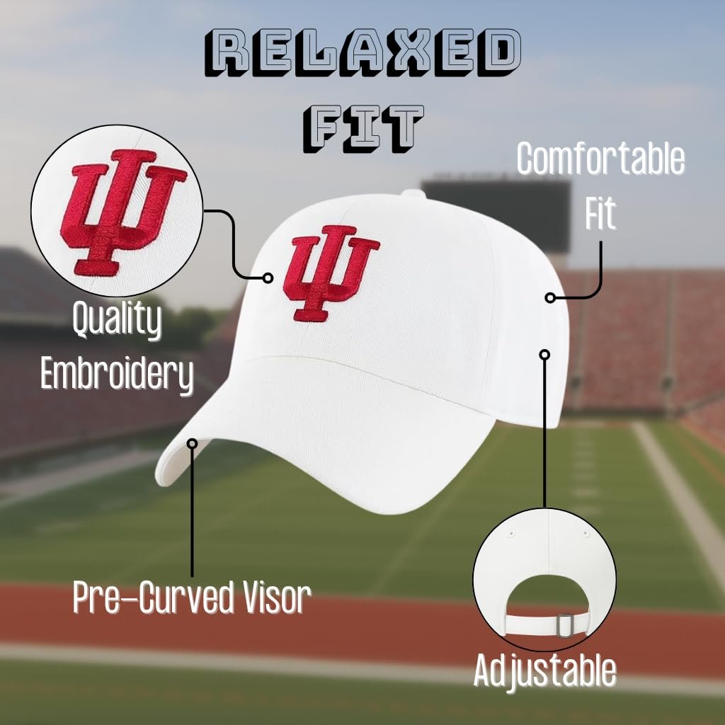 Officially Licensed University Indiana Hoosiers Relaxed Fit Clean Up Baseball Cap, White with Crimson Embroidered Logo, Unisex Adjustable Hat