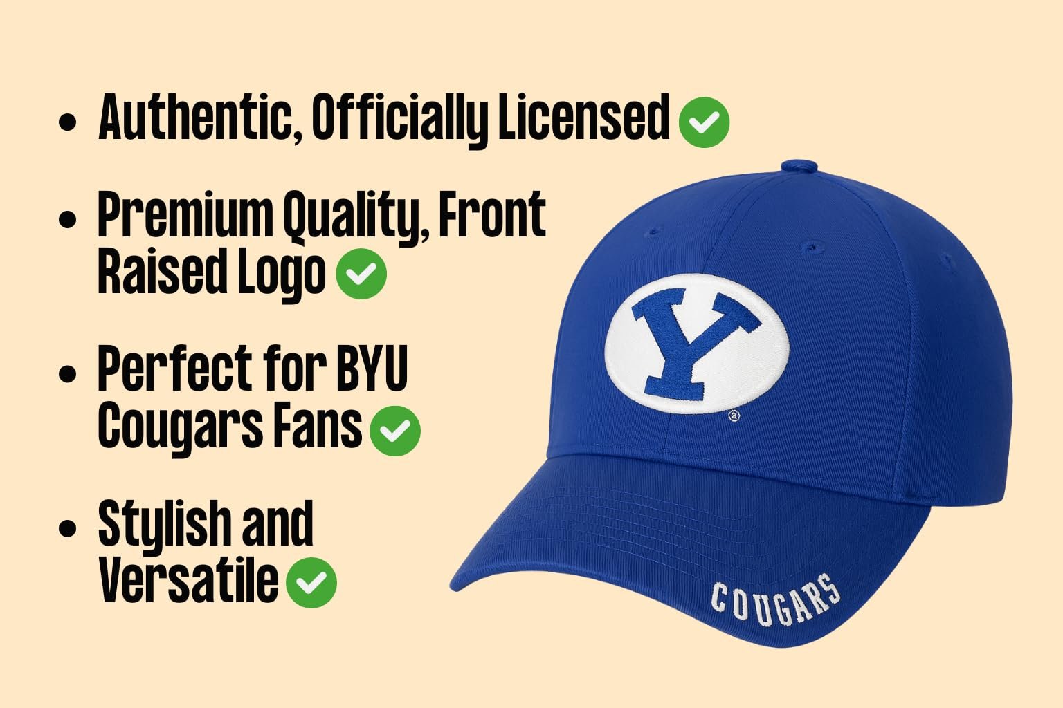 Officially Licensed BYU Cougars Classic Edition Hat Adjustable Relaxed Fit Embroidered Team Logo Navy Blue/White Slouch Cap