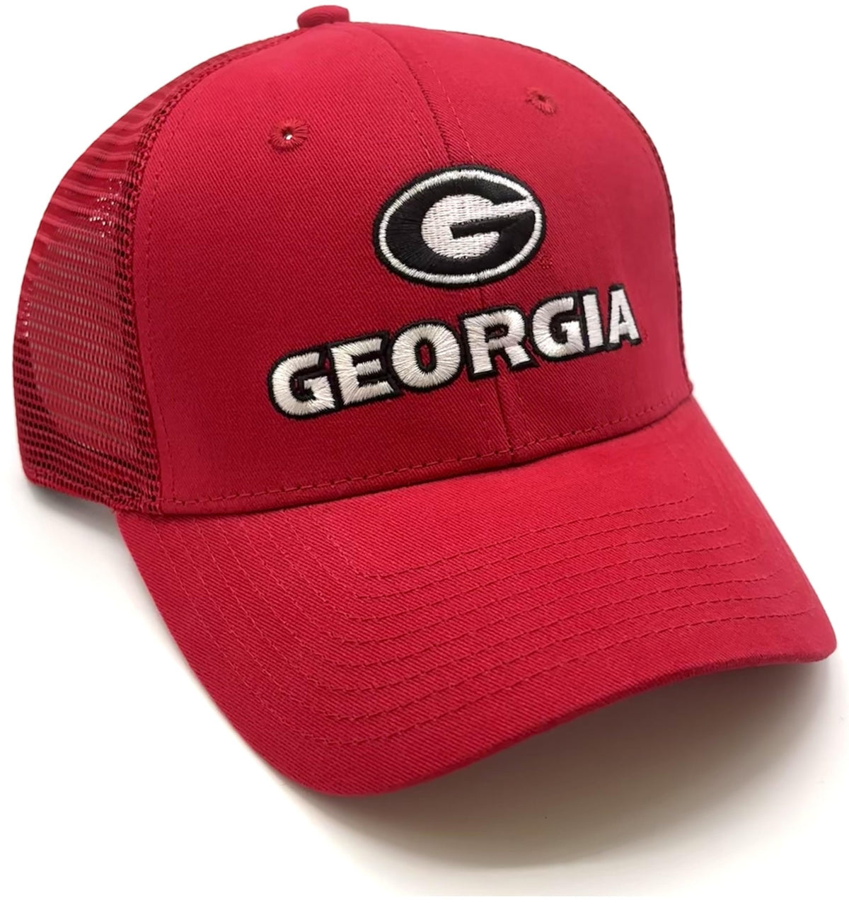 Officially Licensed University Georgia Classic Bulldogs Embroidered Team Logo Red Mesh Trucker Hat Adjustable Structured Snapback Sports Cap