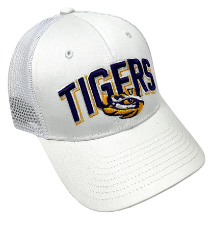 LSU University Hat Classic Solid Mesh Trucker Adjustable Tigers Team Logo Embroidered Cap (White)