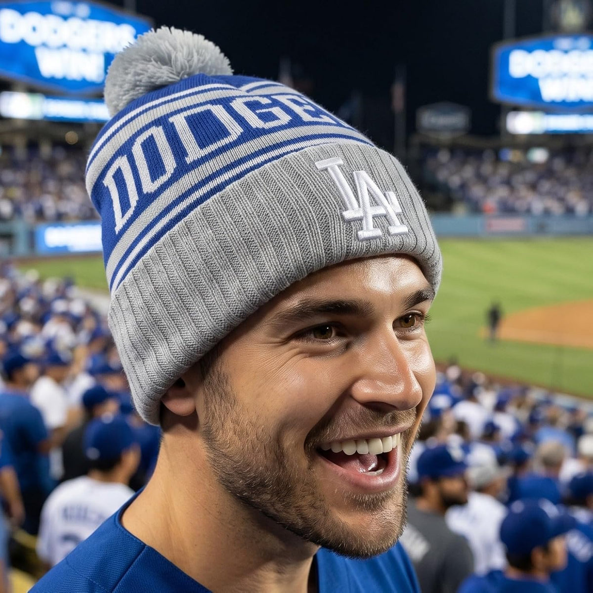 Los Angeles Dodgers Blue Gray Cuff Knit Pom Beanie, Iconic LA Logo in Front