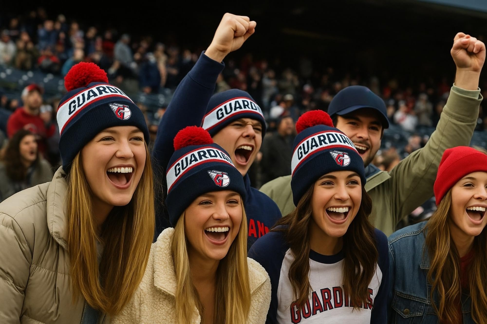 Officially Licensed Cleveland Guardians Baseball Cuffed Knit Pom Beanie Hat Classic Edition Primary Home Team Logo Navy Blue Winter Sports Embroidered Ball Cap