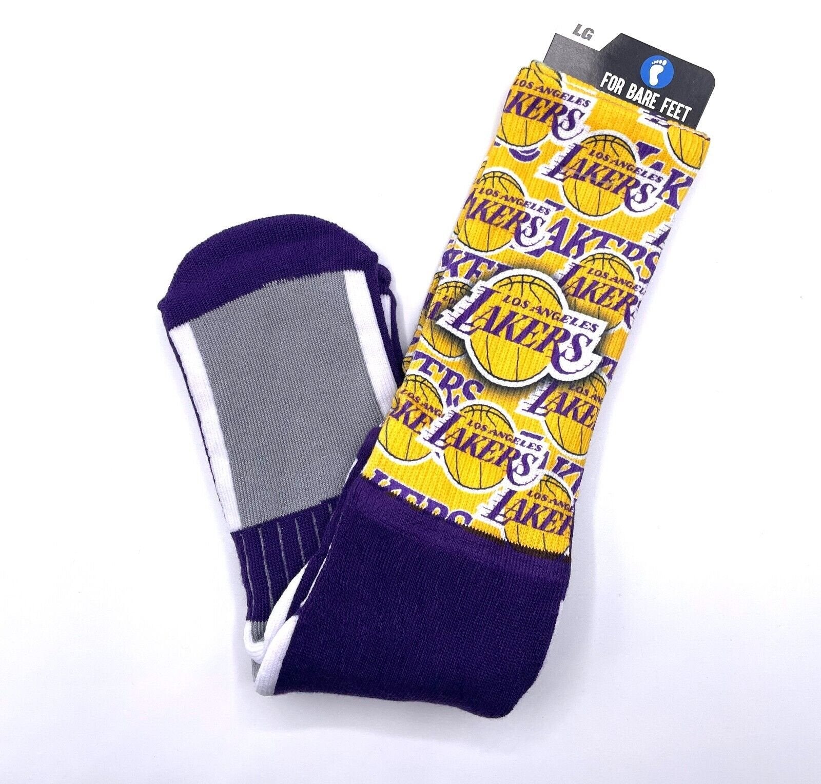 LOS ANGELES LAKERS MONTAGE ADULT LARGE CREW SOCKS AUTHENTIC NBA BASKETBALL NEW