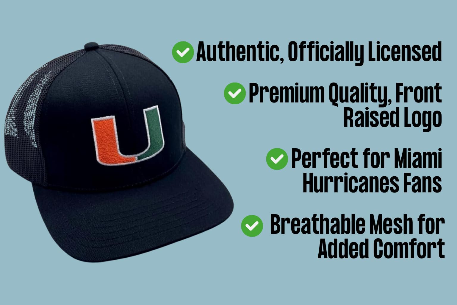 University of Miami Hurricanes Hat Classic Solid Adjustable Hurricanes Mesh Trucker Logo Cap