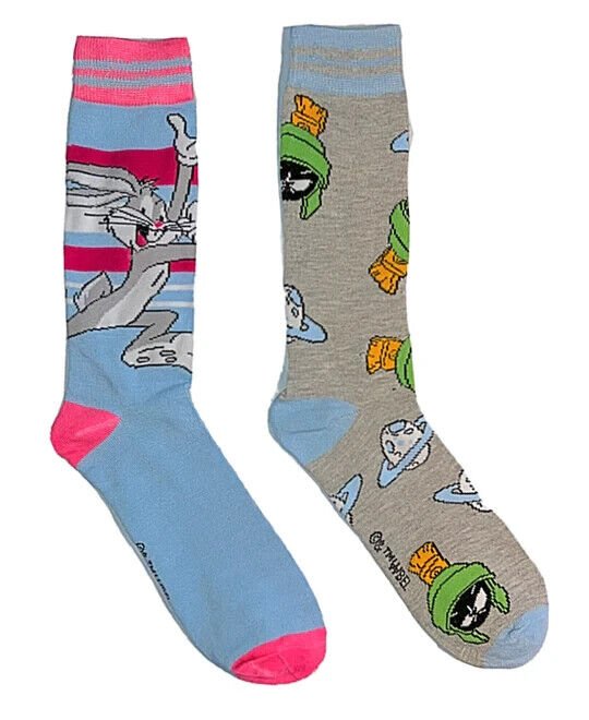 LOONEY TUNES 2-PACK CREW SOCKS BUGS BUNNY MARVIN THE MARTIAN UNISEX CARTOON NEW