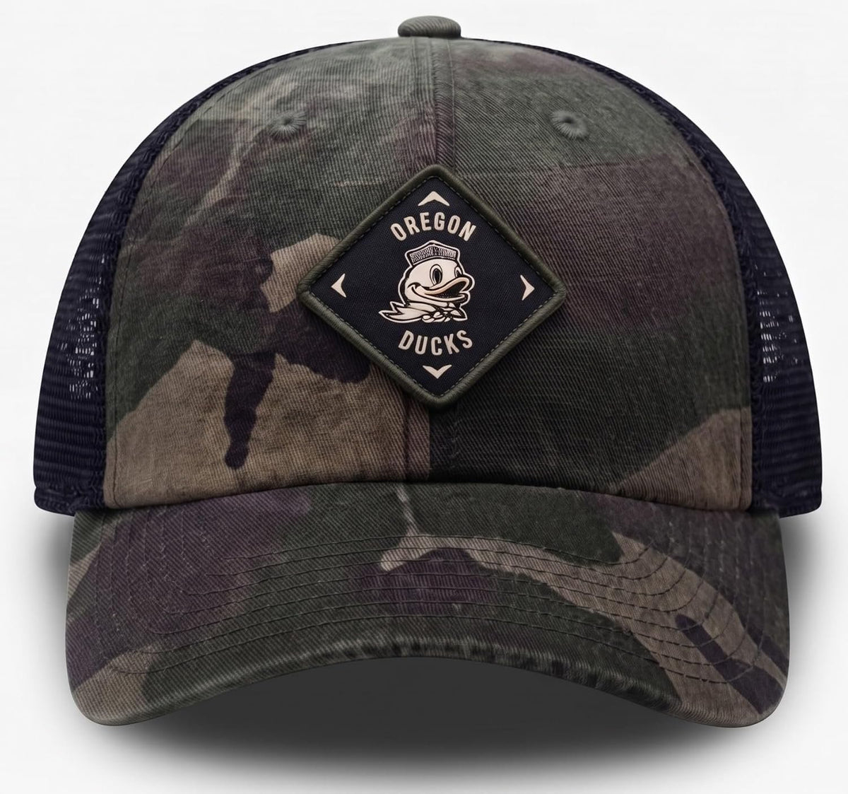 Oregon Ducks Camo Mesh Trucker Hat with Embroidered Patch Logo, Unisex Cap