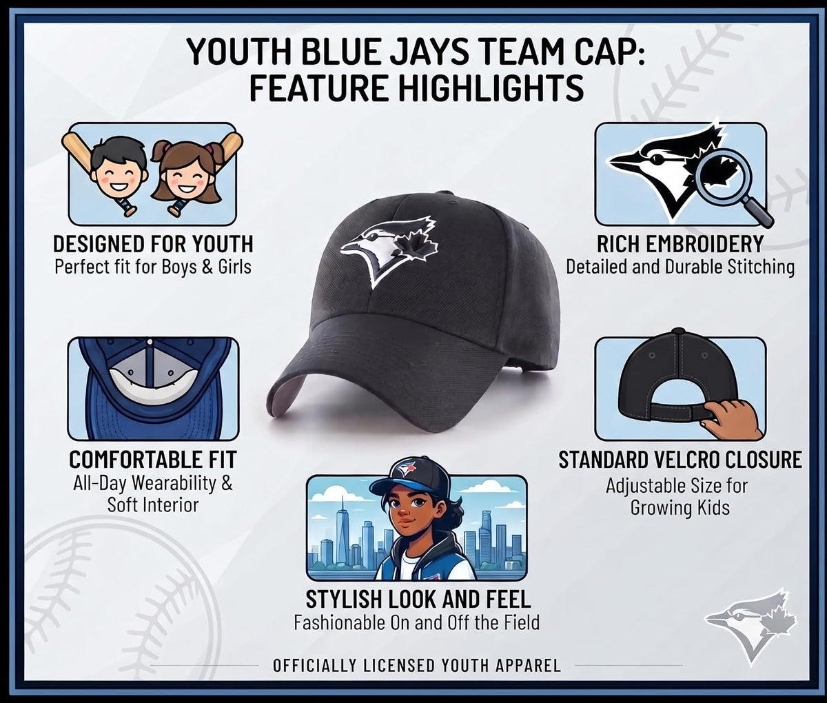 Toronto Blue Jays Black MVP Hat, Officially Licensed Youth Cap for Boys and Girls