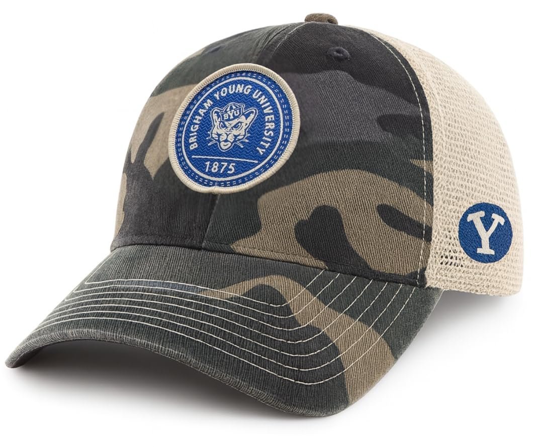 Officially Licensed BYU Cougars Camo Hat Classic Mesh Trucker Relaxed Fit Adjustable Embroidered Team Logo Cap Multicolor