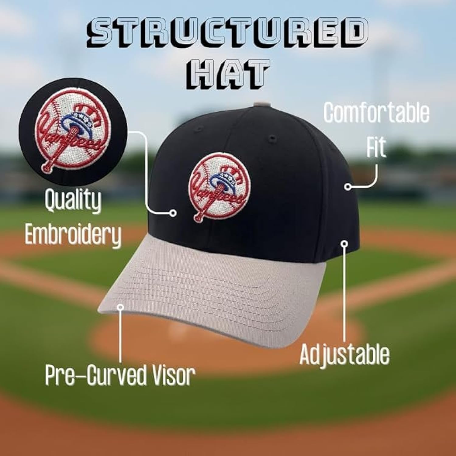 New York Yankees Hat Two Tone Black and Gray Cooperstown Adjustable Embroidered Sports Cap