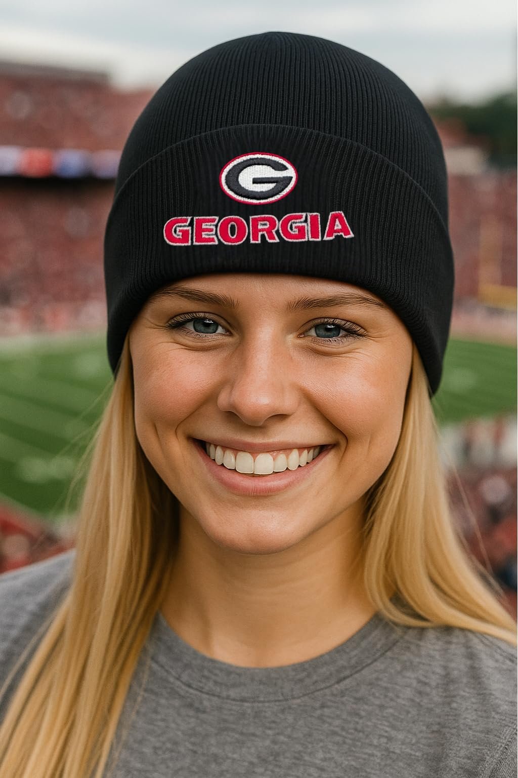 Officially Licensed Georgia Bulldogs Cuffed Knit Black/White Beanie Hat Classic Edition Bulldogs Embroidered Primary Team Logo Winter Red Sports Cap