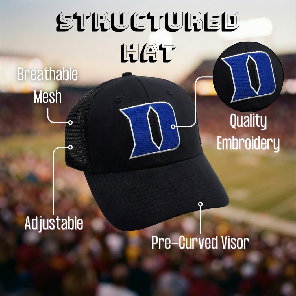 Officially Licensed Duke Classic Primary Team Logo Black/Blue MVP Mesh Trucker Baseball Hat Structured Adjustable Snapback Sports Cap