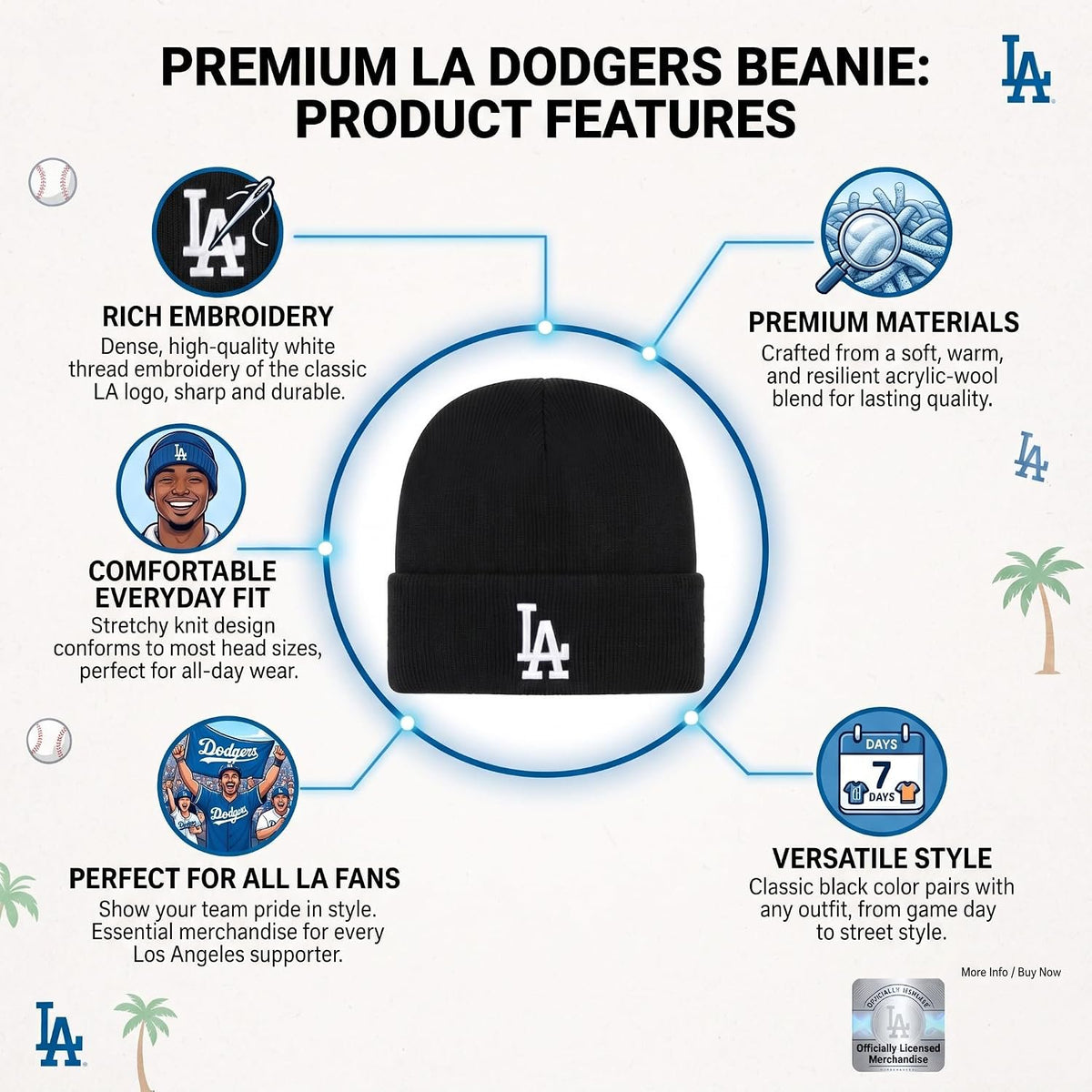 Los Angeles Dodgers Black Cuff Beanie with Iconic White LA Logo Embroidery