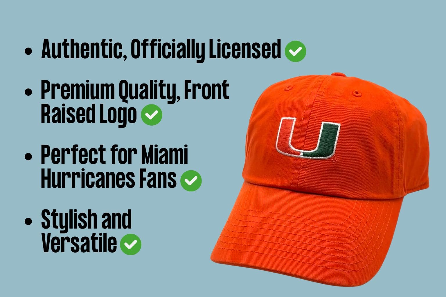 Officially Licensed University Miami Orange Relaxed Fit Clean Up Hat Classic Hurricanes Embroidered Primary Home Team Logo Adjustable Baseball Sports Cap