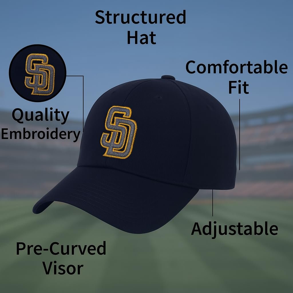 Officially Licensed San Diego Baseball MVP Black Hat Adjustable Embroidered Classic Team Logo Structured Cap