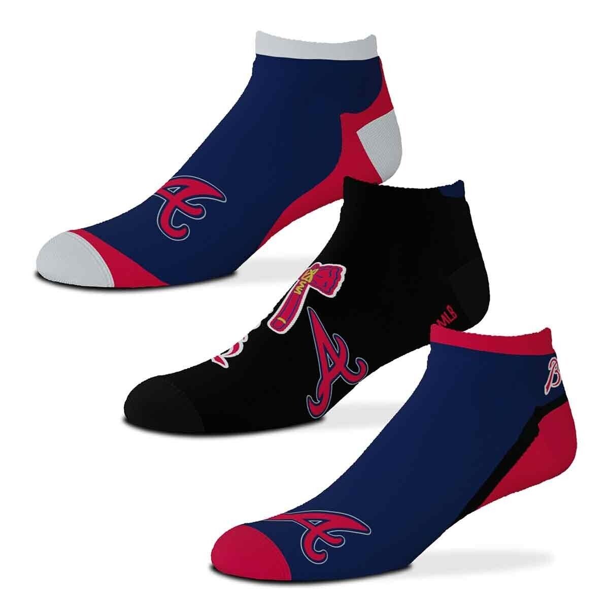 For Bare Feet Originals: Atlanta Braves Adult Ankle Socks 3-Pack Large Size MLB Baseball Team Logo New